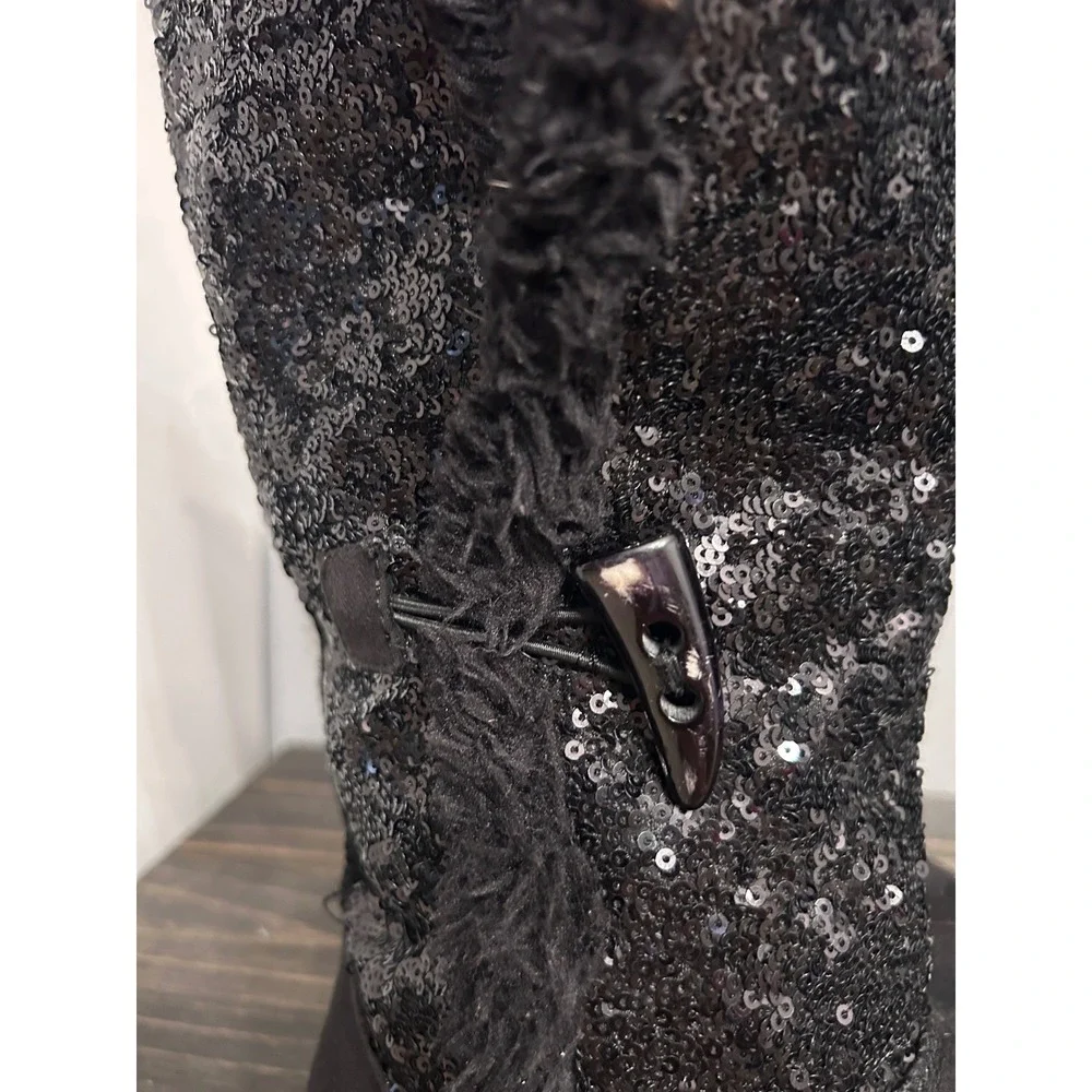 y2k Black Sequin Fur Boots 2010's Youth size 4 Winter‎
